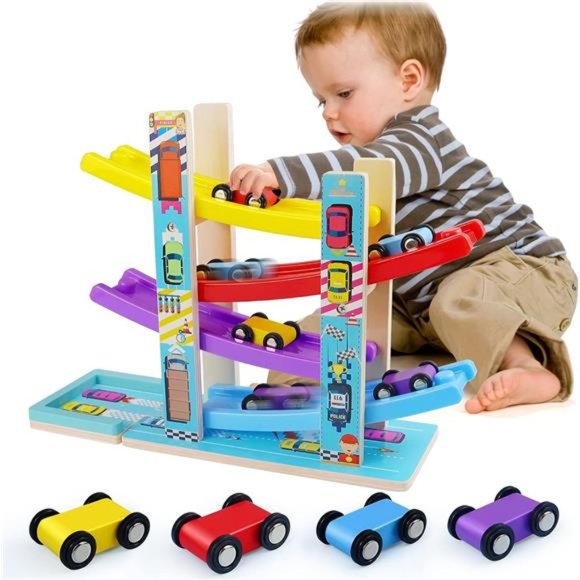 Montessori Toys for Toddlers,Children Race Track Toy with 4 Cars & 1 Parking Lot - Picture 1 of 5